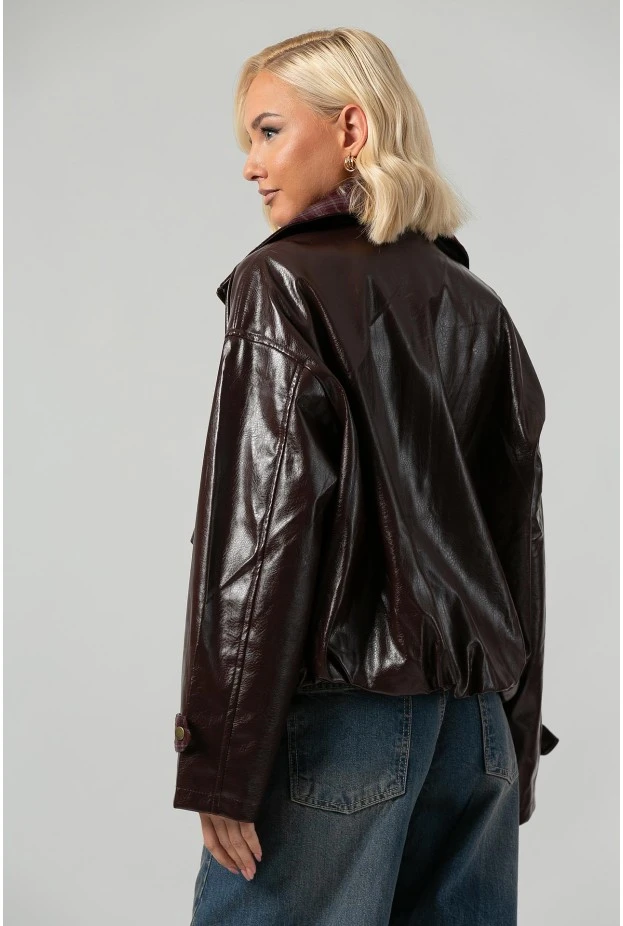 Leather jacket vinyl με καρό λεπτομέρειες και λάστιχο στη μέση μπορντό