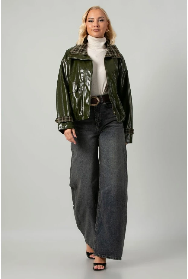 Leather jacket vinyl με καρό λεπτομέρειες και λάστιχο στη μέση λαδί