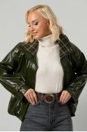 Leather jacket vinyl με καρό λεπτομέρειες και λάστιχο στη μέση λαδί