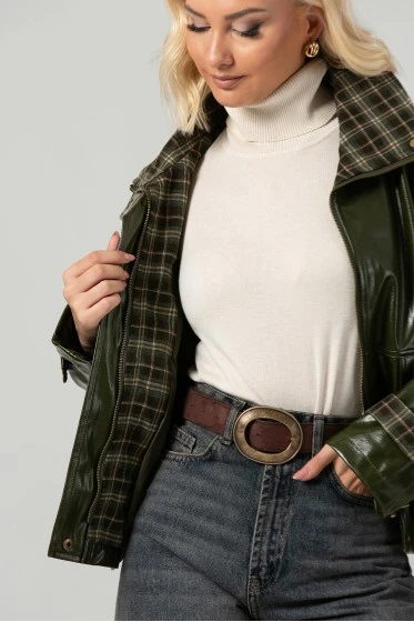Leather jacket vinyl με καρό λεπτομέρειες και λάστιχο στη μέση μαύρο
