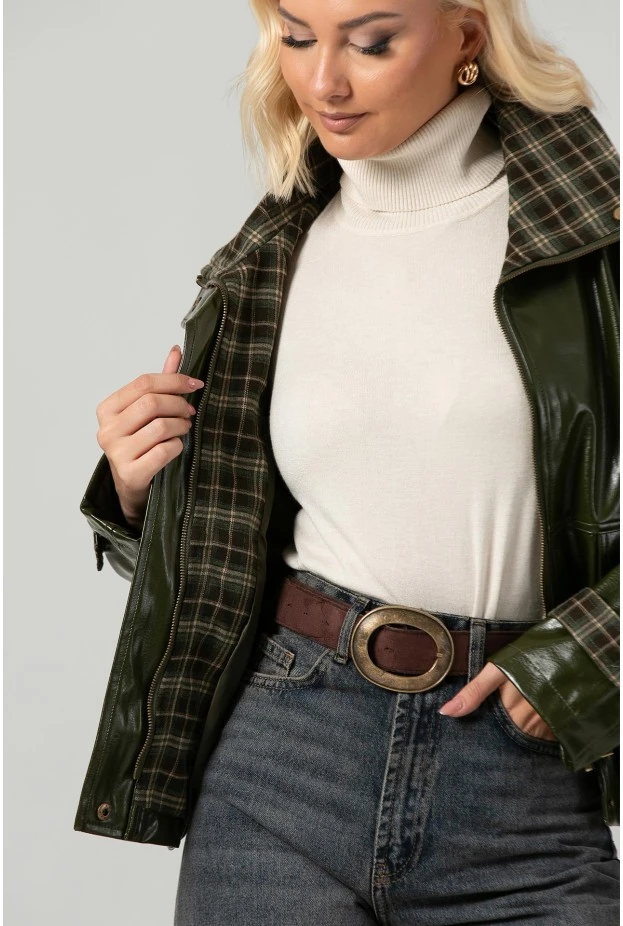 Leather jacket vinyl με καρό λεπτομέρειες και λάστιχο στη μέση λαδί