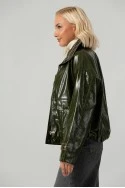 Leather jacket vinyl με καρό λεπτομέρειες και λάστιχο στη μέση λαδί