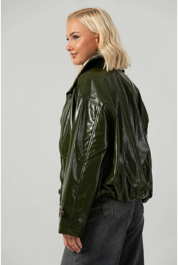 Leather jacket vinyl με καρό λεπτομέρειες και λάστιχο στη μέση λαδί