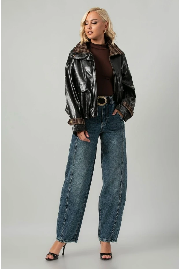 Leather jacket vinyl με καρό λεπτομέρειες και λάστιχο στη μέση μαύρο