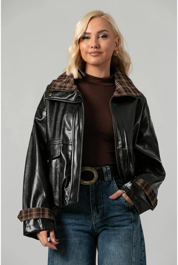 Leather jacket vinyl με καρό λεπτομέρειες και λάστιχο στη μέση μαύρο