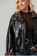 Leather jacket vinyl με καρό λεπτομέρειες και λάστιχο στη μέση μαύρο