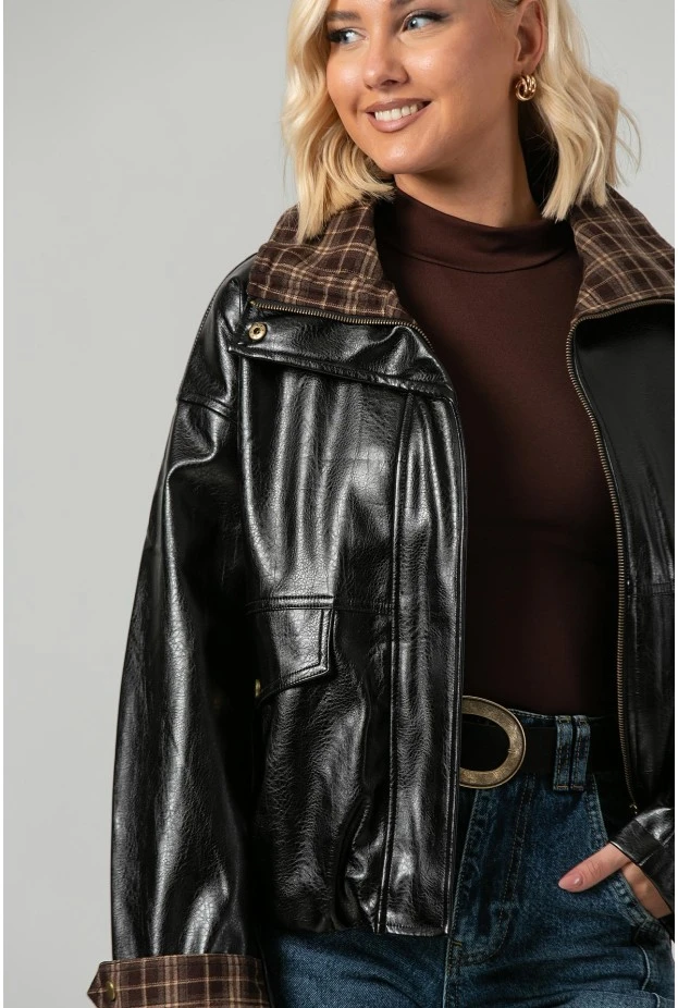 Leather jacket vinyl με καρό λεπτομέρειες και λάστιχο στη μέση μαύρο