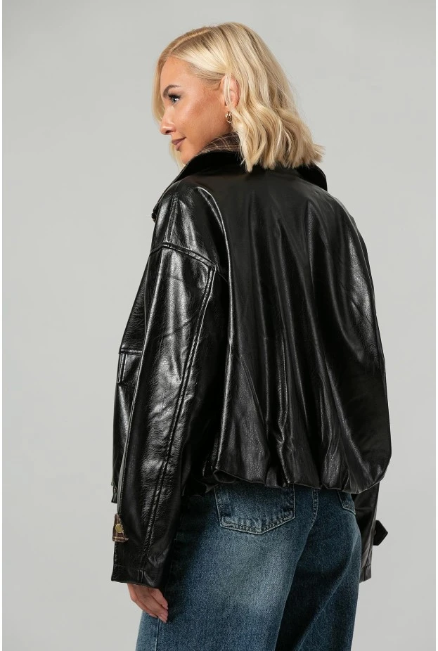 Leather jacket vinyl με καρό λεπτομέρειες και λάστιχο στη μέση μαύρο