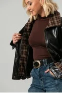 Leather jacket vinyl με καρό λεπτομέρειες και λάστιχο στη μέση μαύρο