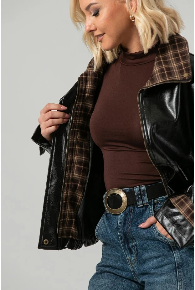 Leather jacket vinyl με καρό λεπτομέρειες και λάστιχο στη μέση μαύρο