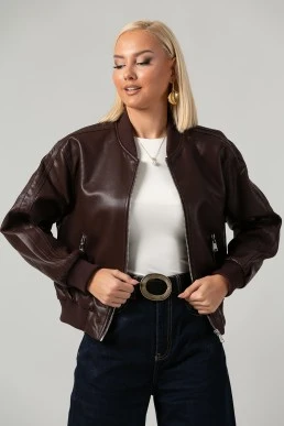 Leather jacket bomber με ribbed λεπτομέρειες μπορντό