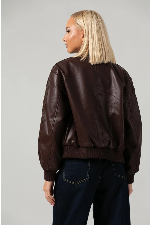 Leather jacket bomber με ribbed λεπτομέρειες μπορντό