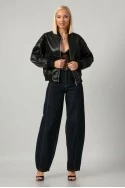Leather jacket bomber με ribbed λεπτομέρειες μαύρο