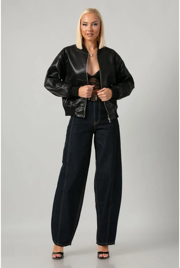 Leather jacket bomber με ribbed λεπτομέρειες μαύρο