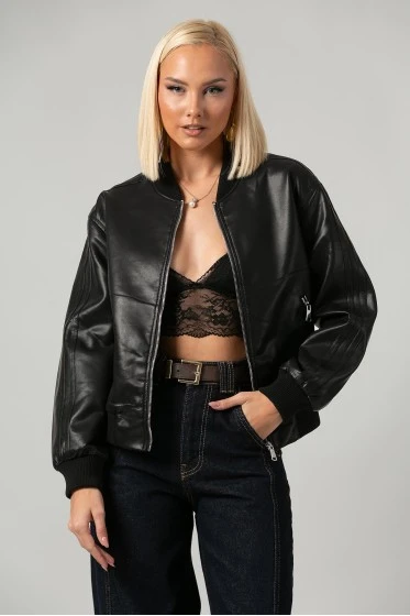 Leather jacket bomber με ribbed λεπτομέρειες καφέ