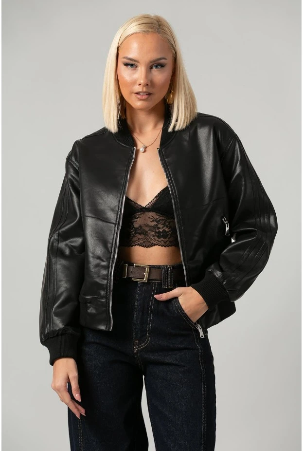 Leather jacket bomber με ribbed λεπτομέρειες μαύρο