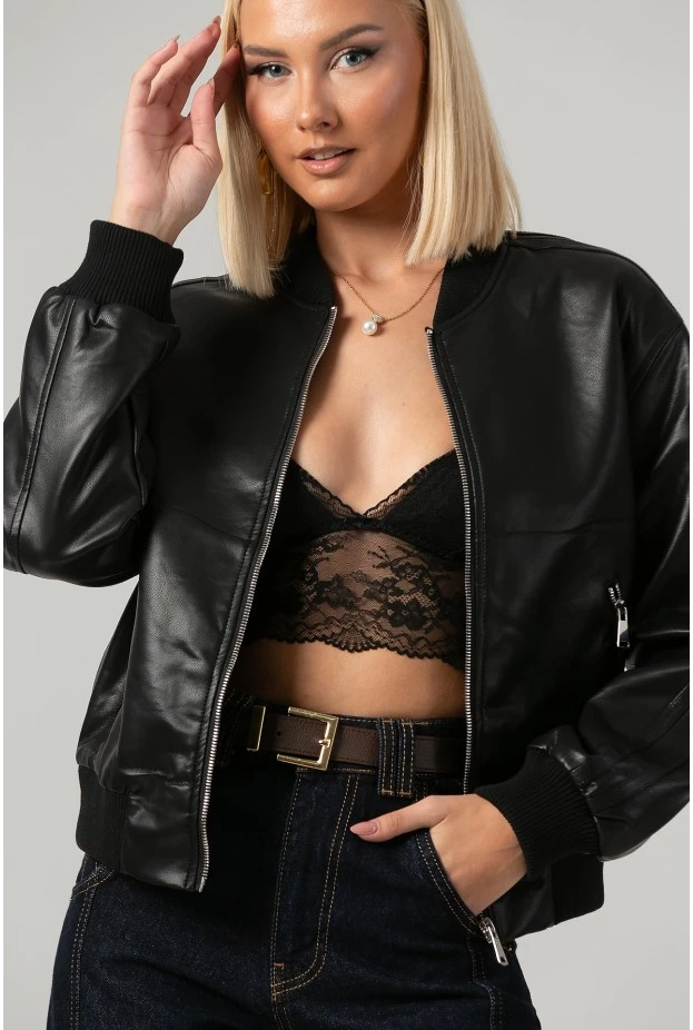 Leather jacket bomber με ribbed λεπτομέρειες μαύρο