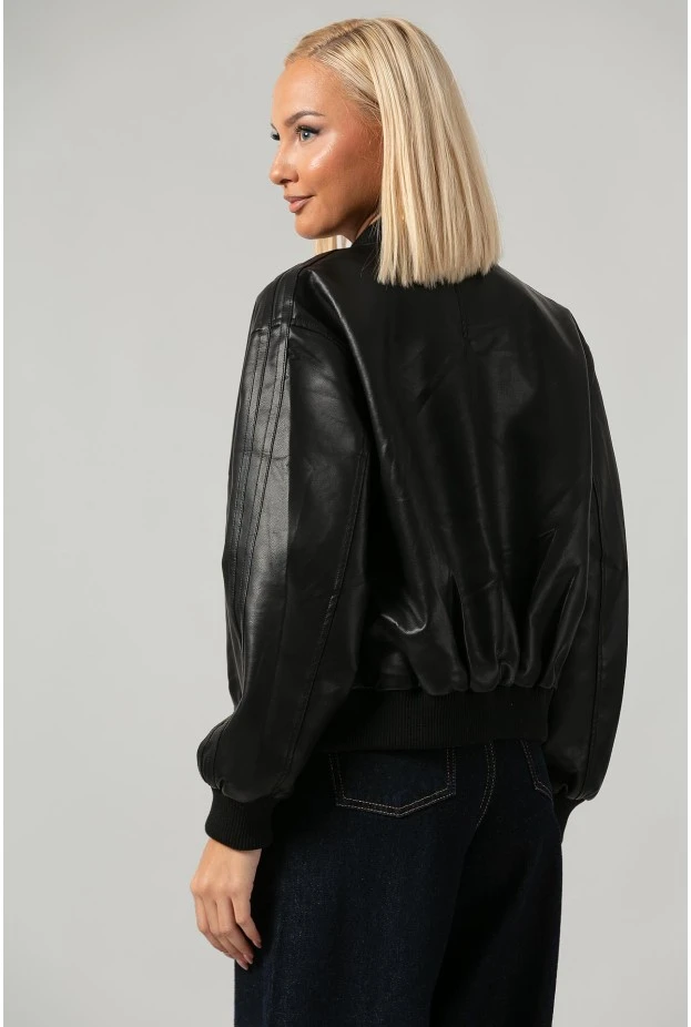 Leather jacket bomber με ribbed λεπτομέρειες μαύρο