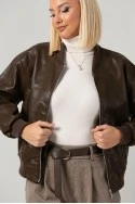 Leather jacket bomber με ribbed λεπτομέρειες καφέ