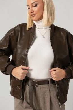 Leather jacket bomber με ribbed λεπτομέρειες καφέ