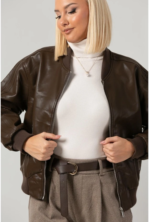 Leather jacket bomber με ribbed λεπτομέρειες καφέ