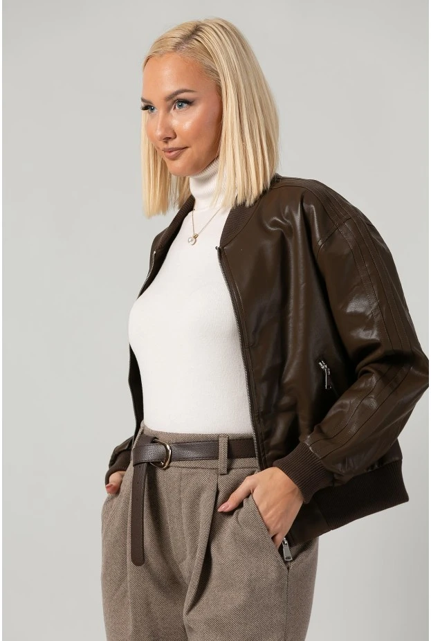 Leather jacket bomber με ribbed λεπτομέρειες καφέ