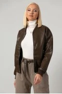 Leather jacket bomber με ribbed λεπτομέρειες καφέ