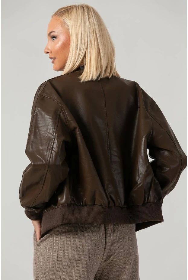 Leather jacket bomber με ribbed λεπτομέρειες καφέ