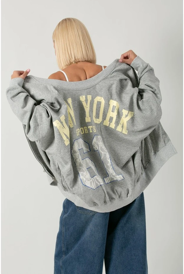 Oversized ζακέτα με στάμπα new york γκρι