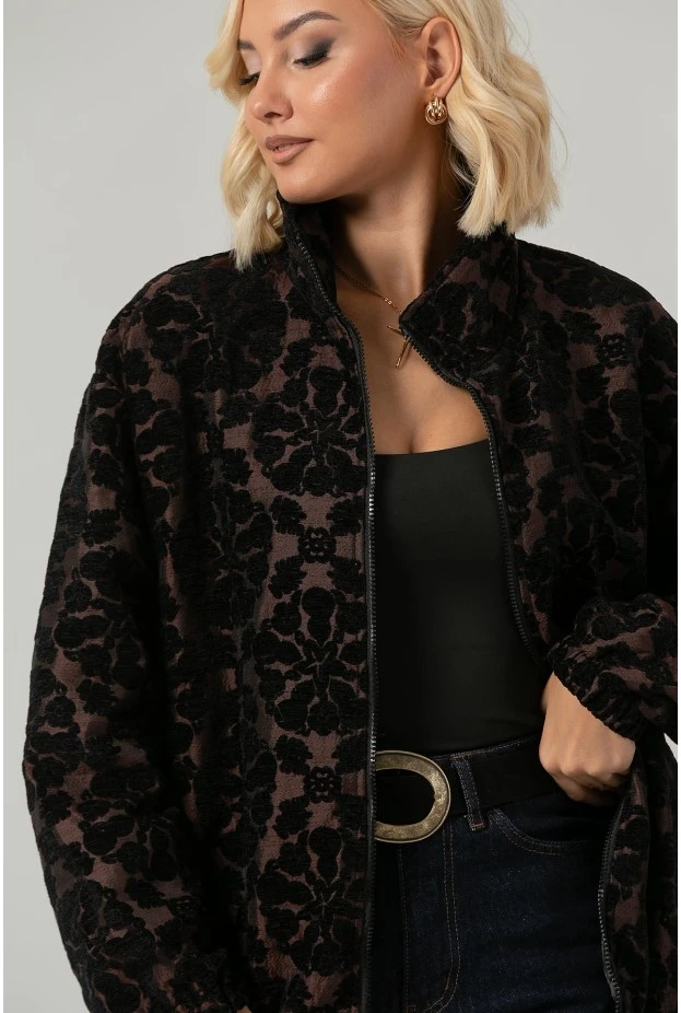 Jacket bomber με βελουτέ λουλούδια καφέ