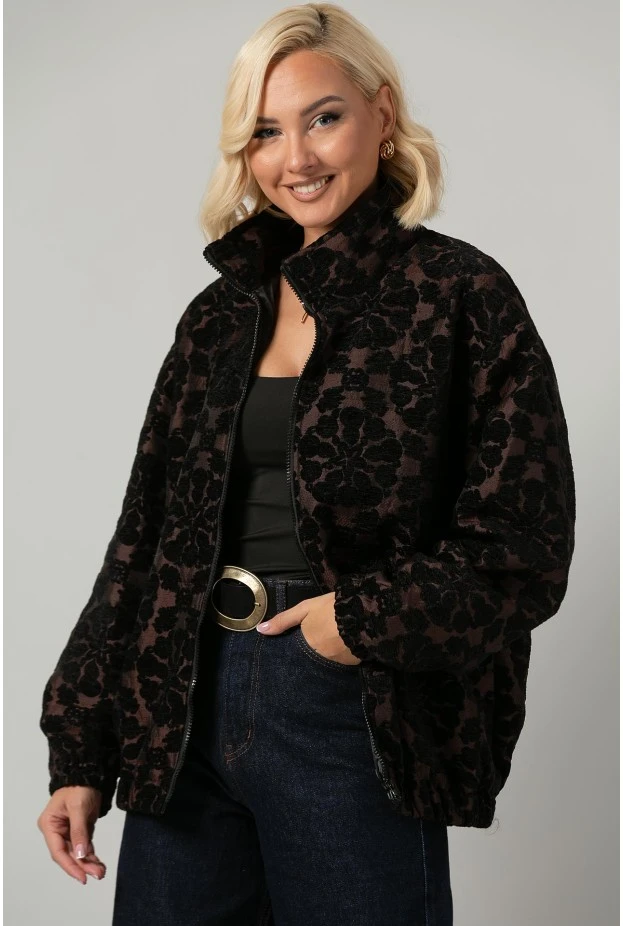 Jacket bomber με βελουτέ λουλούδια καφέ