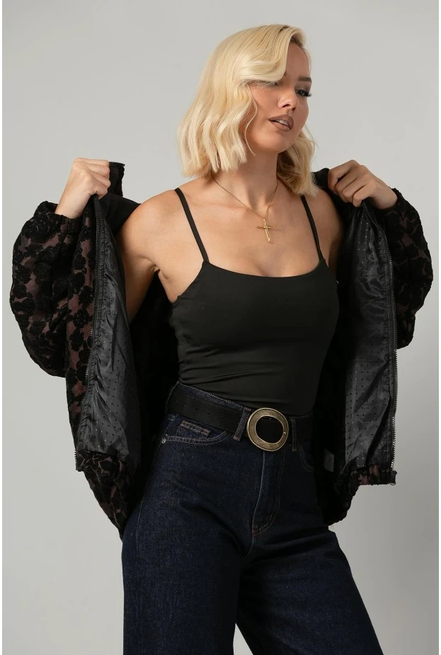 Jacket bomber με βελουτέ λουλούδια καφέ