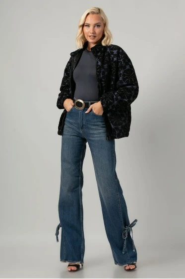 Jacket bomber με βελουτέ λουλούδια μπλε