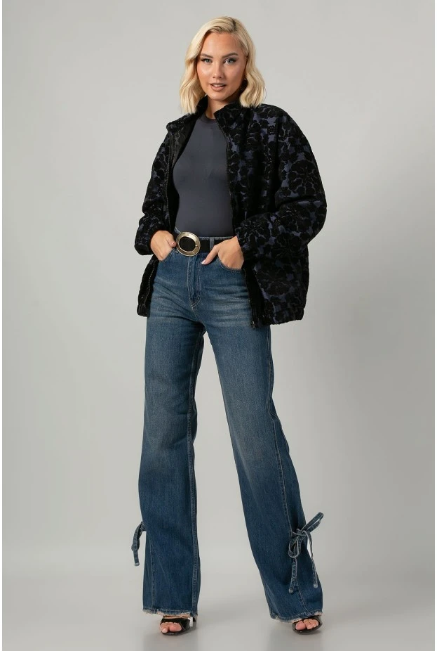 Jacket bomber με βελουτέ λουλούδια μπλε