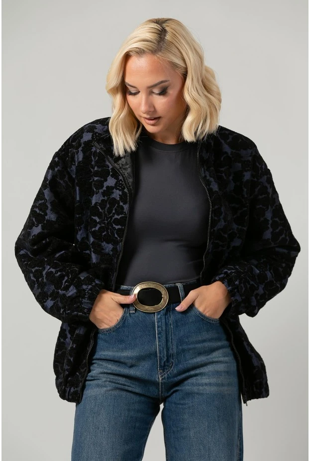 Jacket bomber με βελουτέ λουλούδια μπλε
