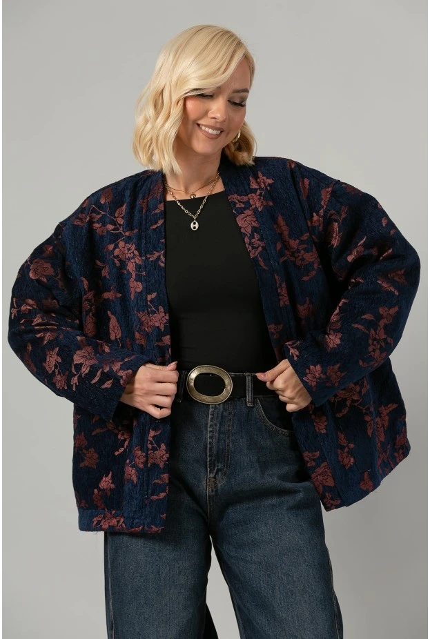 Jacket jacquard με floral σχέδια μπλε