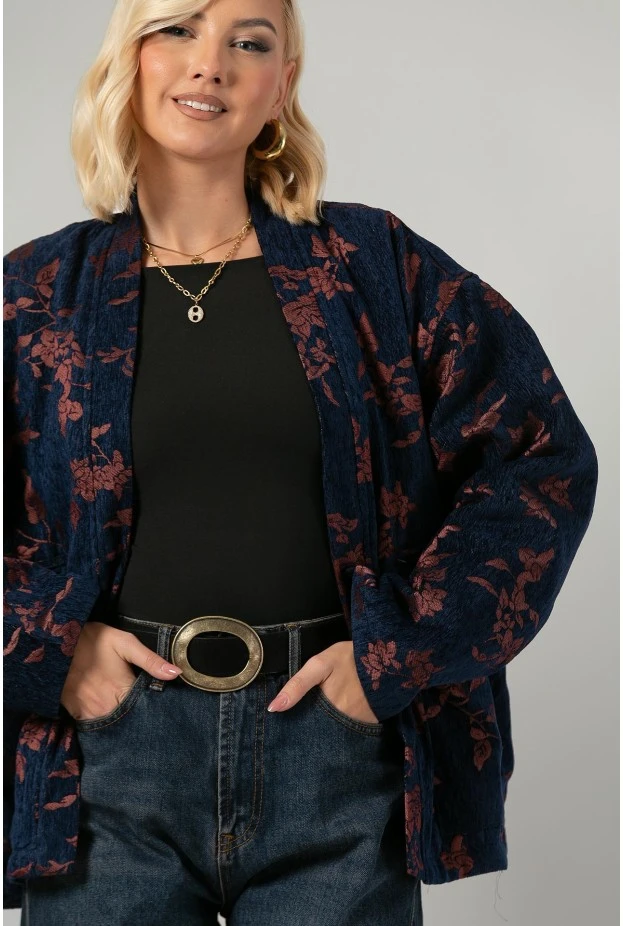 Jacket jacquard με floral σχέδια μπλε