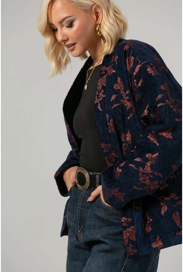 Jacket jacquard με floral σχέδια μπλε
