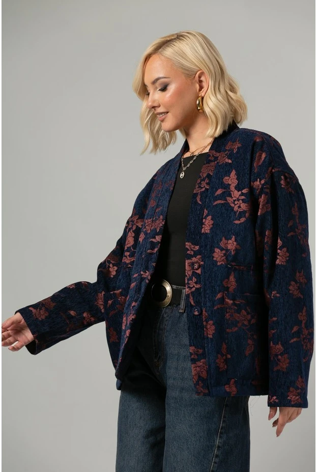 Jacket jacquard με floral σχέδια μπλε