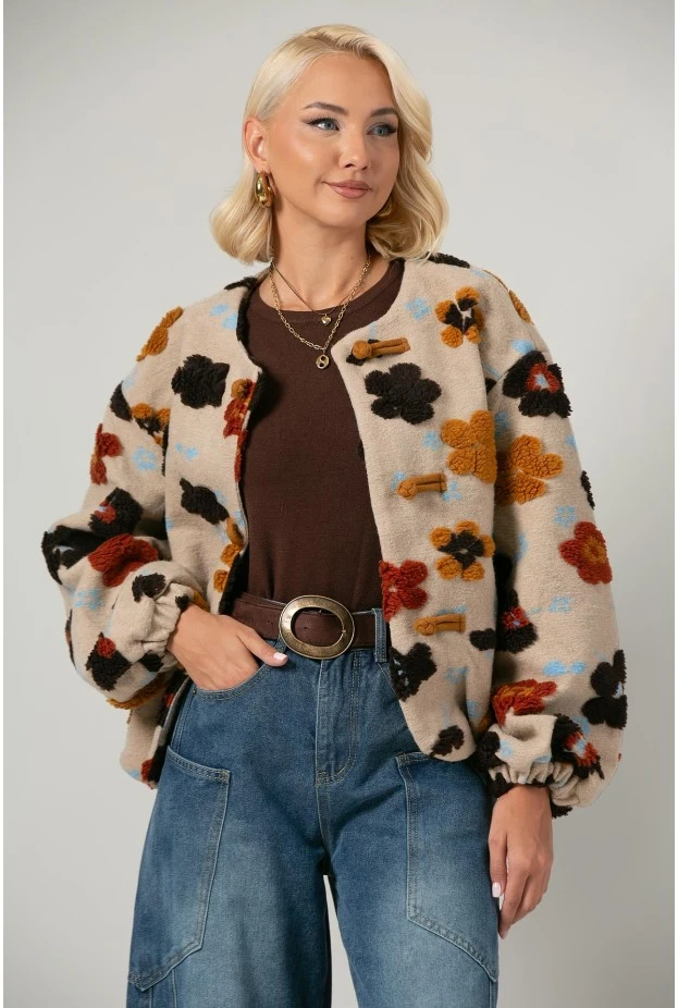 Jacket bomber με patch λουλούδια μπεζ