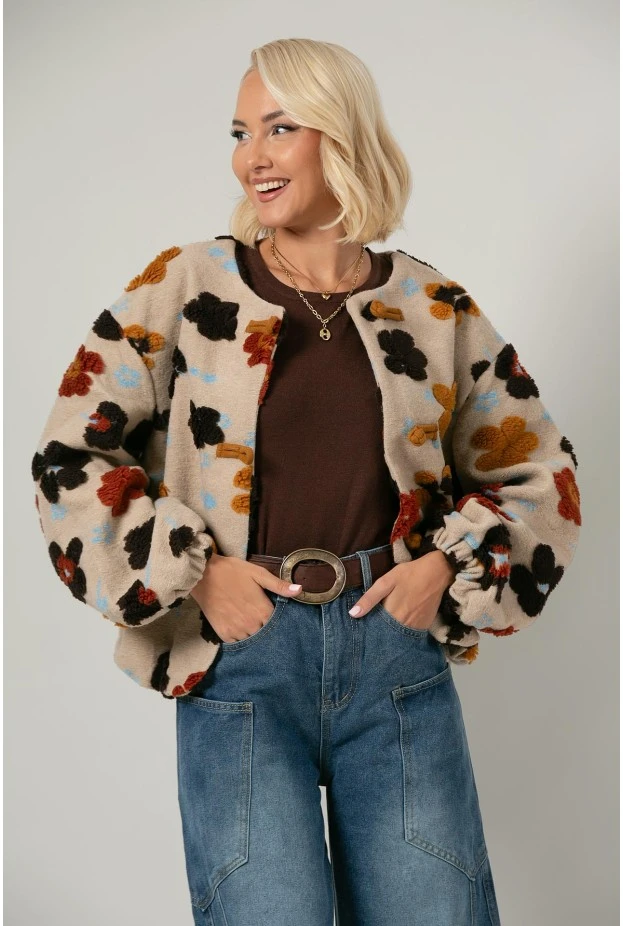 Jacket bomber με patch λουλούδια μπεζ