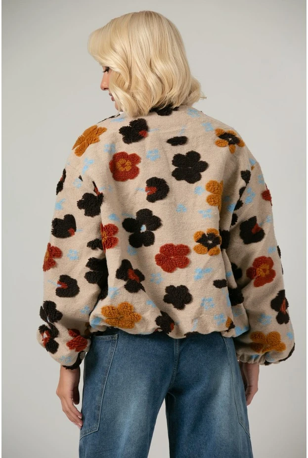 Jacket bomber με patch λουλούδια μπεζ