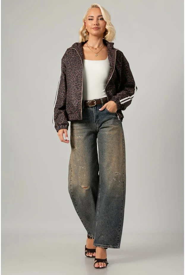 Jacket bomber λεοπάρ με ρίγες στο πλάι καφέ