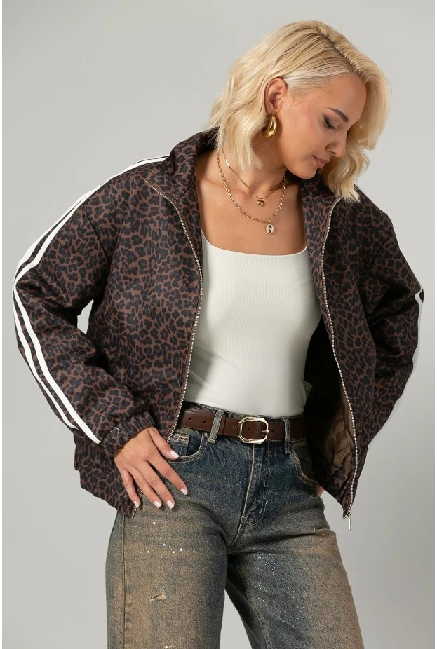 Jacket bomber λεοπάρ με ρίγες στο πλάι καφέ