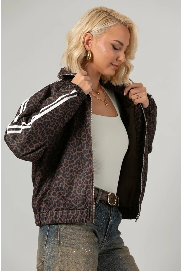 Jacket bomber λεοπάρ με ρίγες στο πλάι καφέ