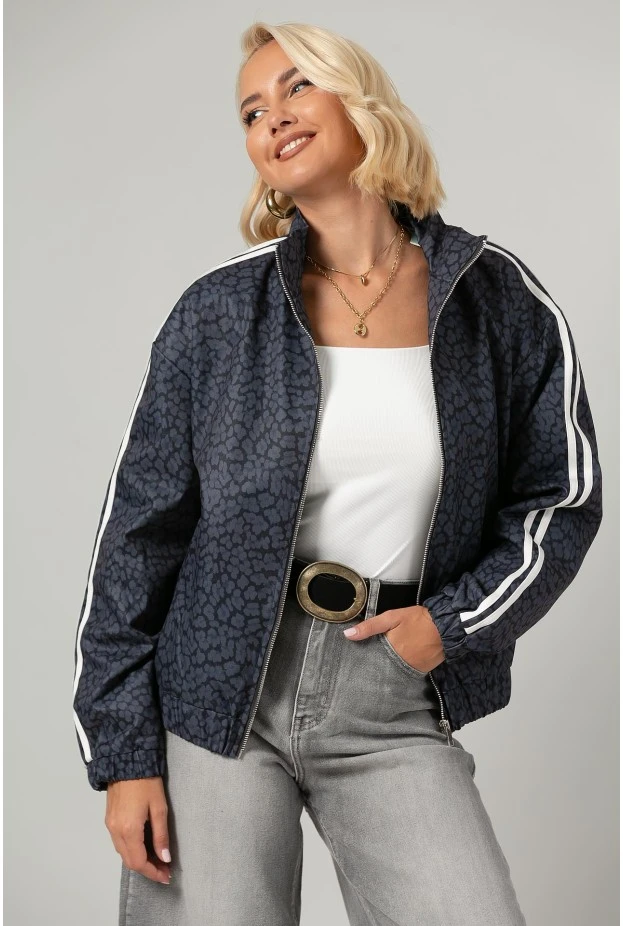 Jacket bomber λεοπάρ με ρίγες στο πλάι ανθρακί