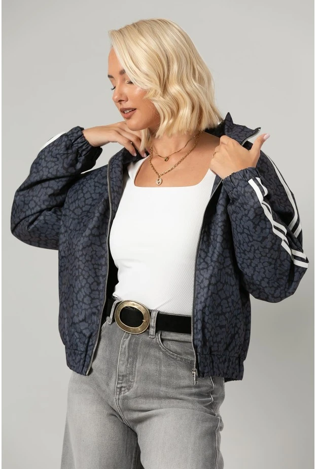 Jacket bomber λεοπάρ με ρίγες στο πλάι ανθρακί