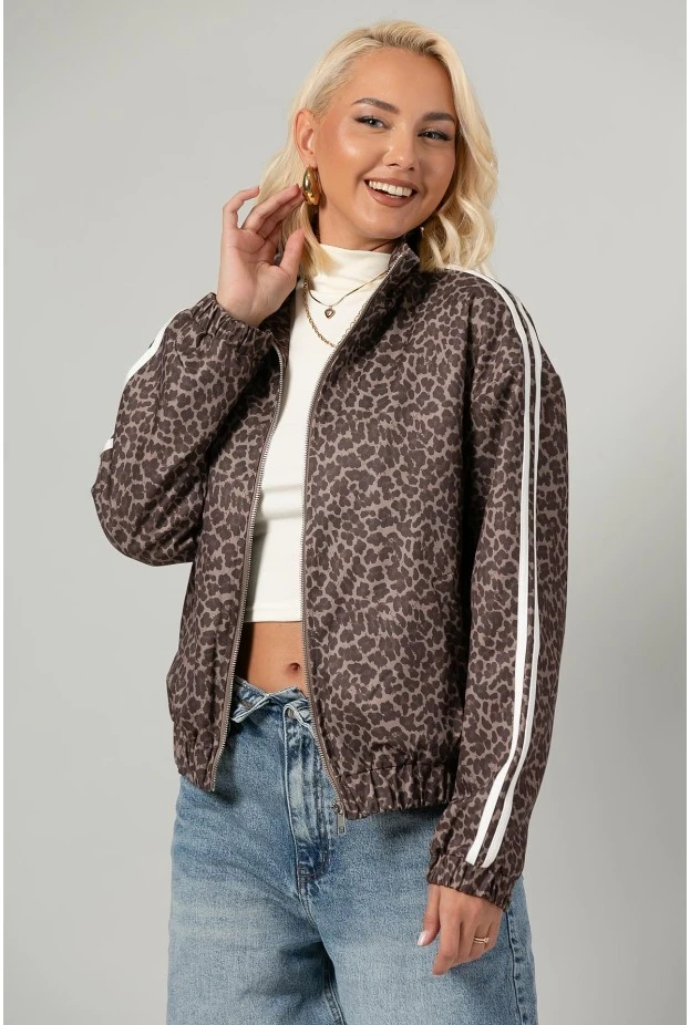 Jacket bomber λεοπάρ με ρίγες στο πλάι μπεζ