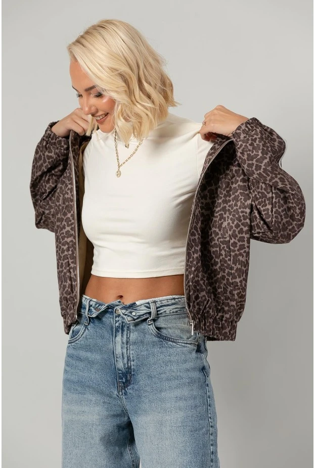 Jacket bomber λεοπάρ με ρίγες στο πλάι μπεζ