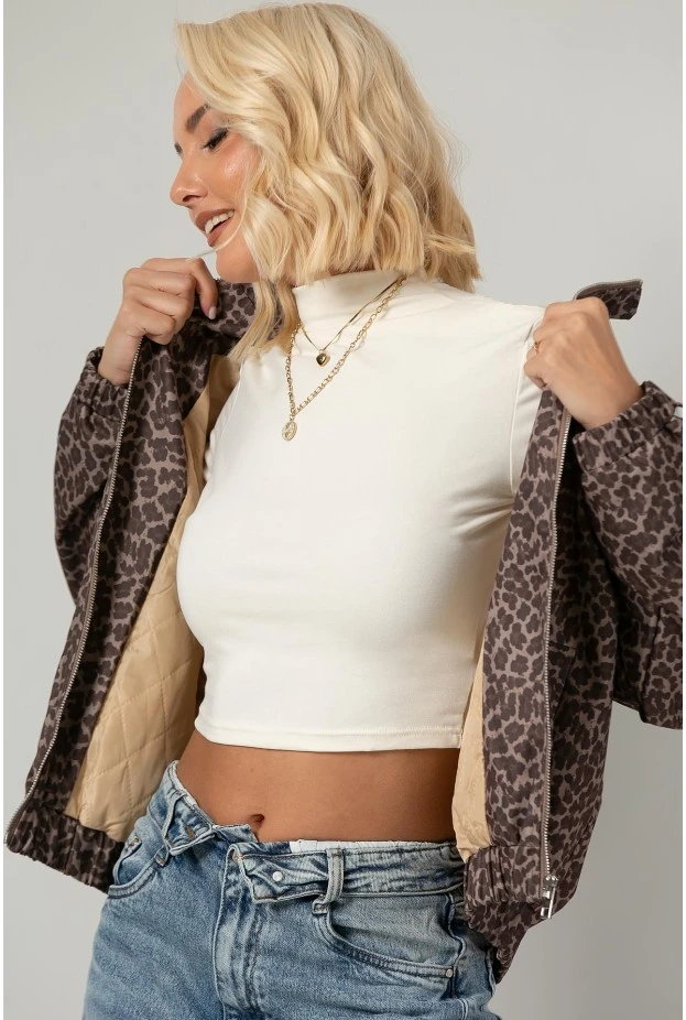 Jacket bomber λεοπάρ με ρίγες στο πλάι μπεζ